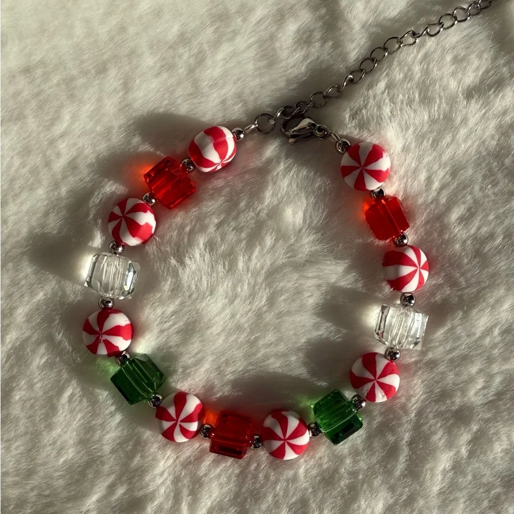 Christmas Bracelet with Red, White, and Clear Square Beads & Peppermint Handmade
